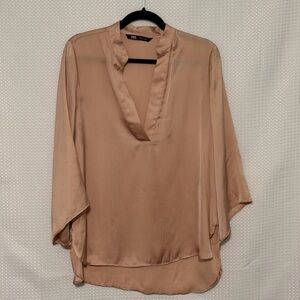 Zara Satin V Neck Blouse Champagne Blush Flowy Bell Sleeve Top Medium